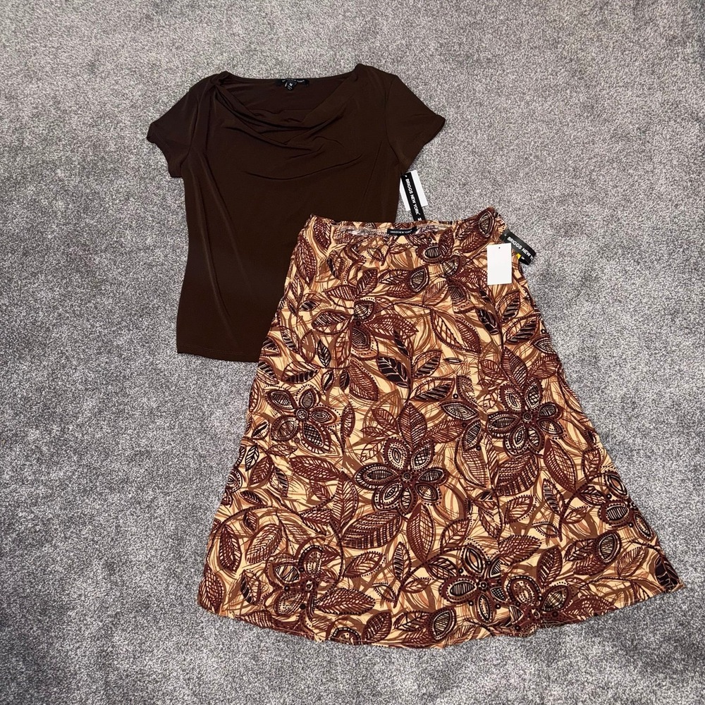 Briggs New York Brown Short Sleeve Top W/ Brown & Tan Leaf/Floral Midi Skirt M